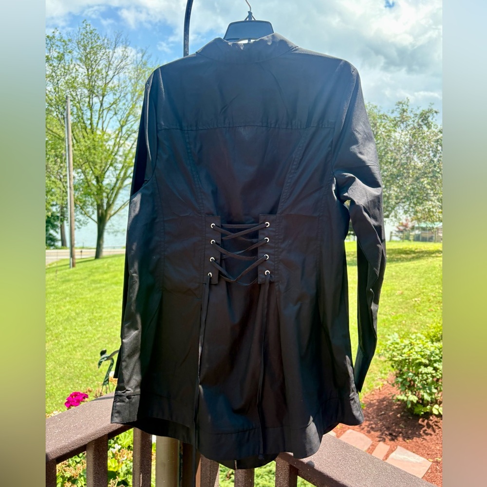 Lace-Up-Back Black Button-Down Shirt Tunic Length Sz 16W 1X